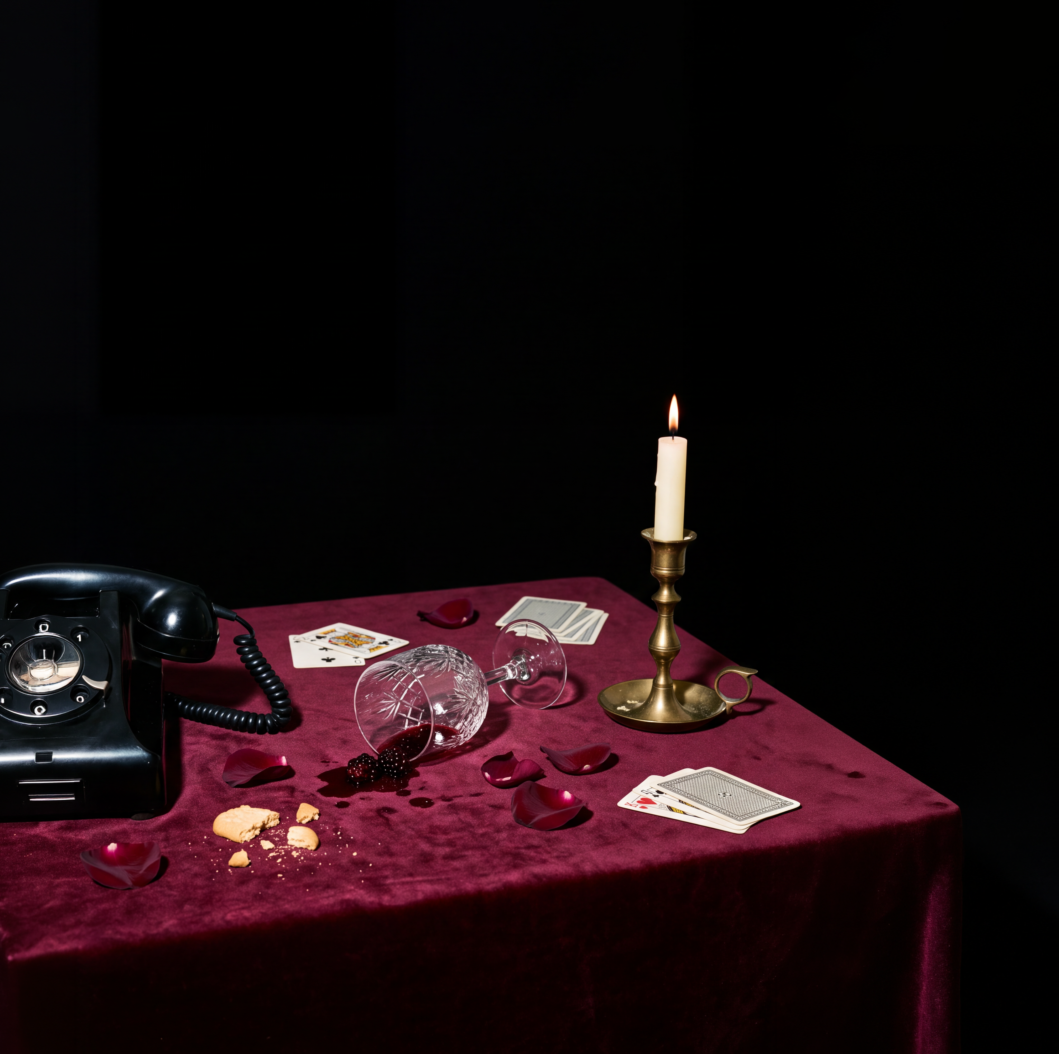 Mesa con terciopelo burdeos, un teléfono antiguo, una copa de cristal volcada, cartas, pétalos y una vela encendida